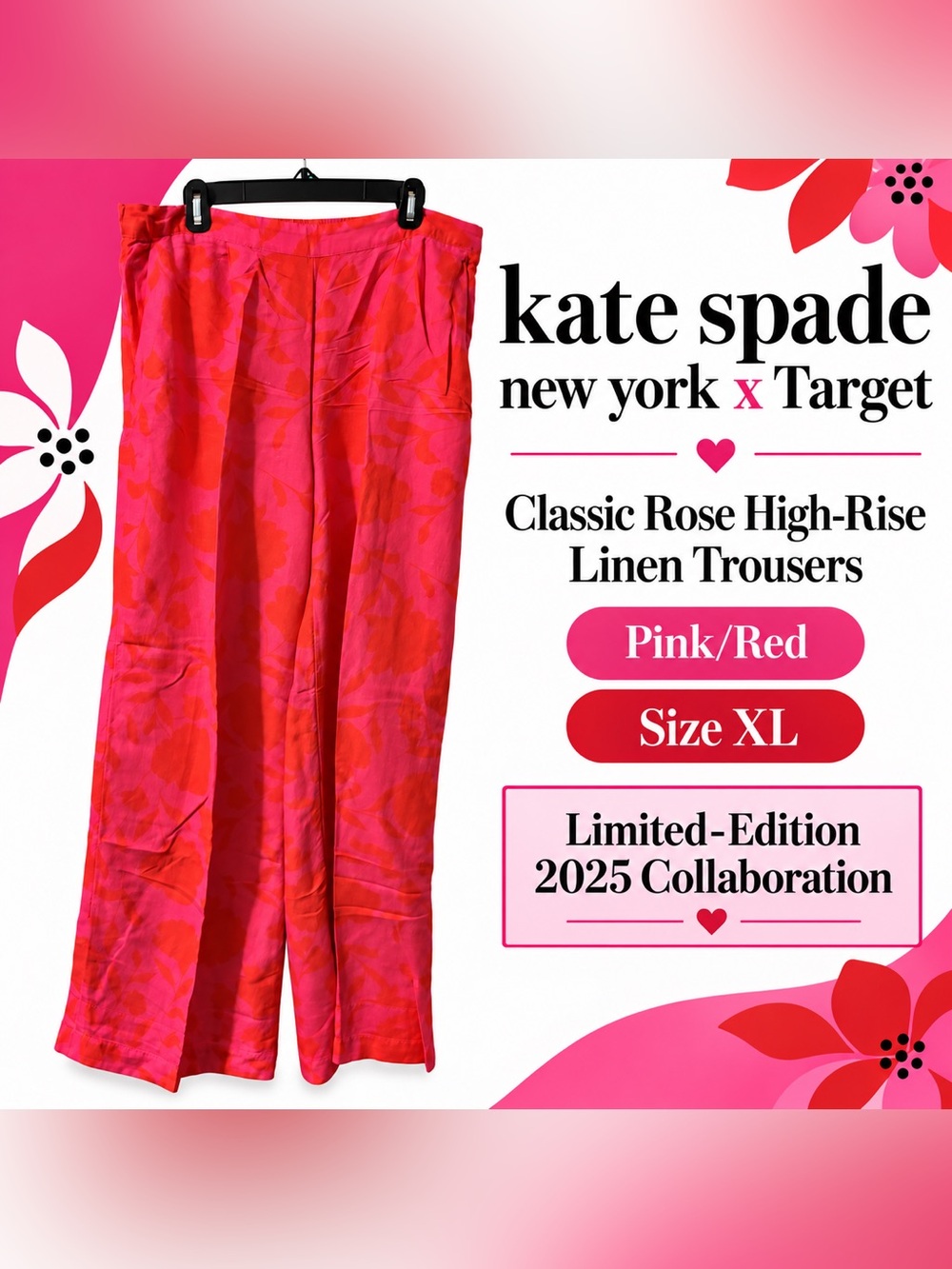kate spade Pink and Red Floral Wide-Leg Linen Trousers